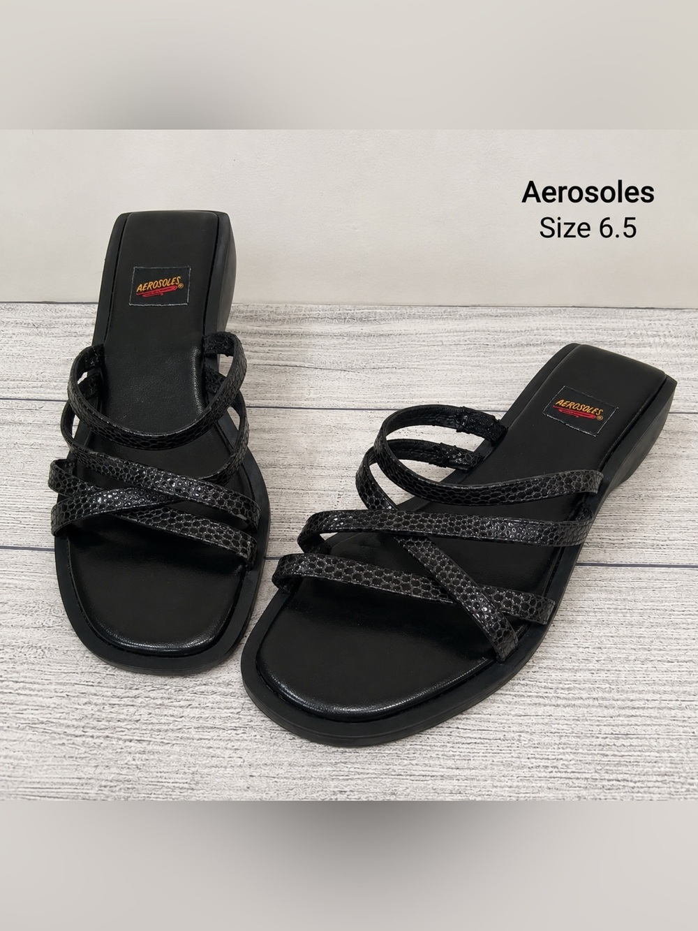 AEROSOLES Black Textured Strap Slide Sandals Women's Size 6.5